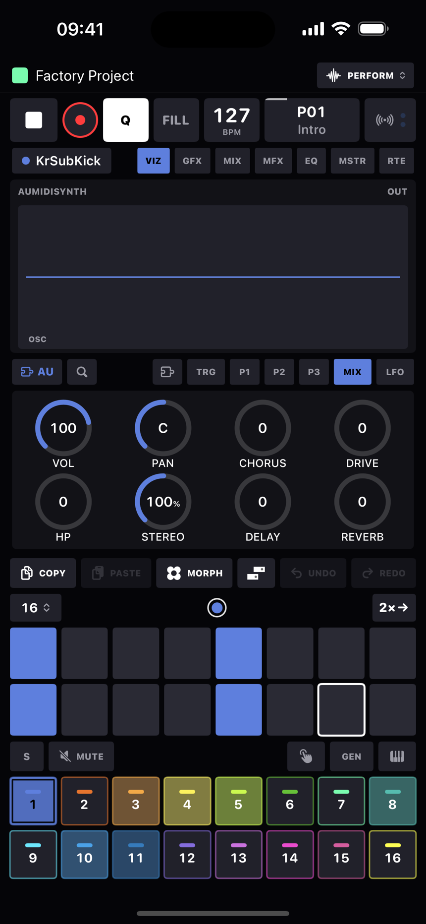 The AU device's MIX page: VOL, PAN, CHORUS, DRIVE over HP, STEREO, DELAY and REVERB