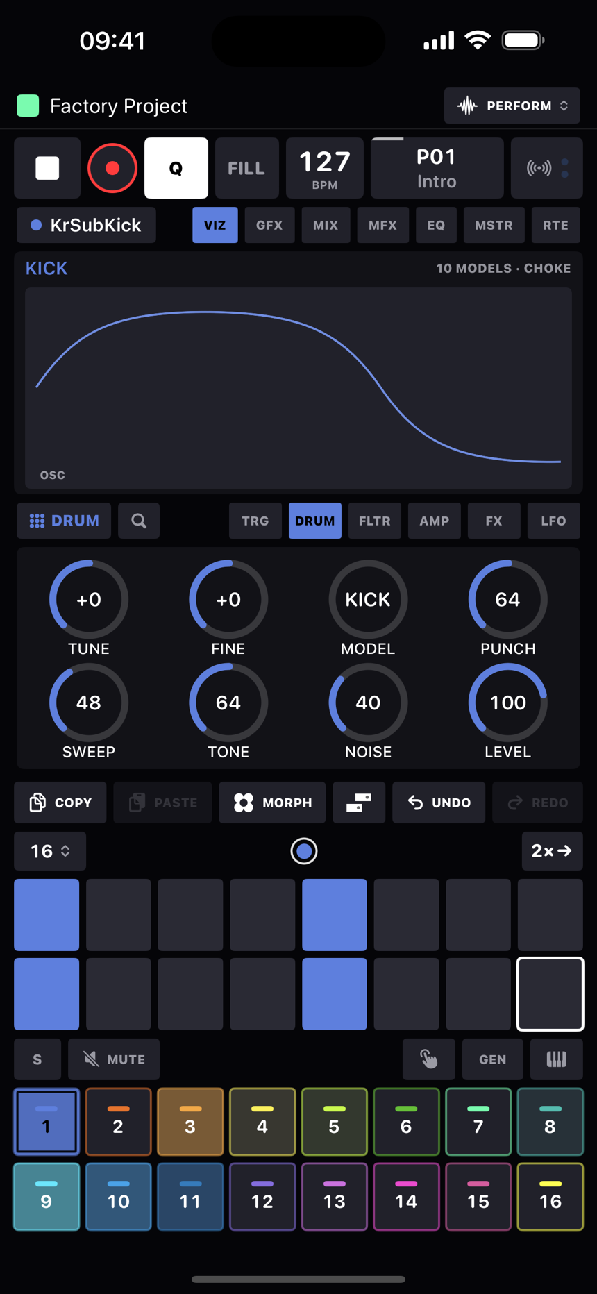 The DRUM page: MODEL, PUNCH, SWEEP, TONE and NOISE knobs under the drum visualizer