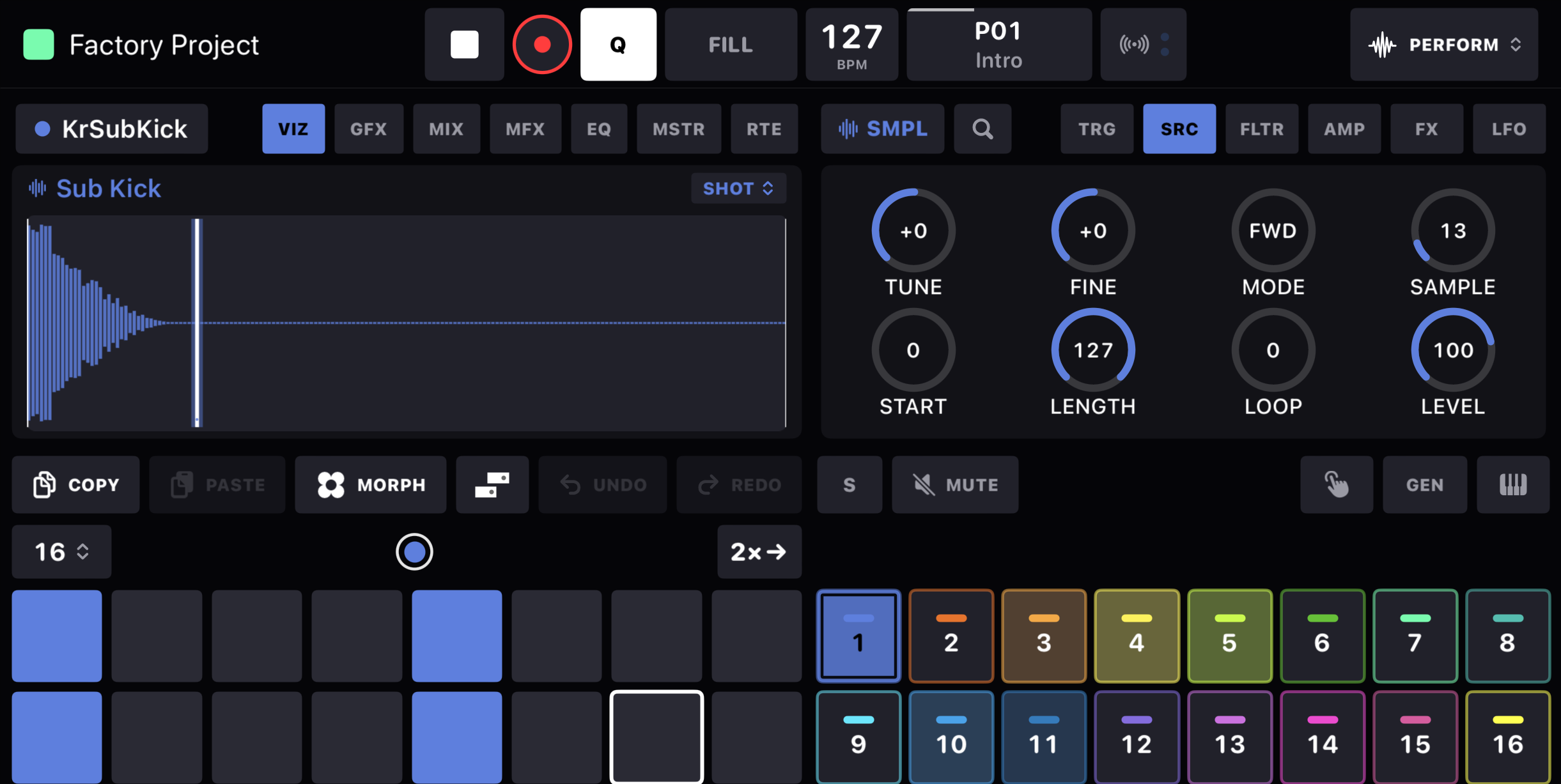 HeartBeat's Perform screen in landscape: the transport in the header, the waveform display beside the knob page, and the step grid beside the track pads