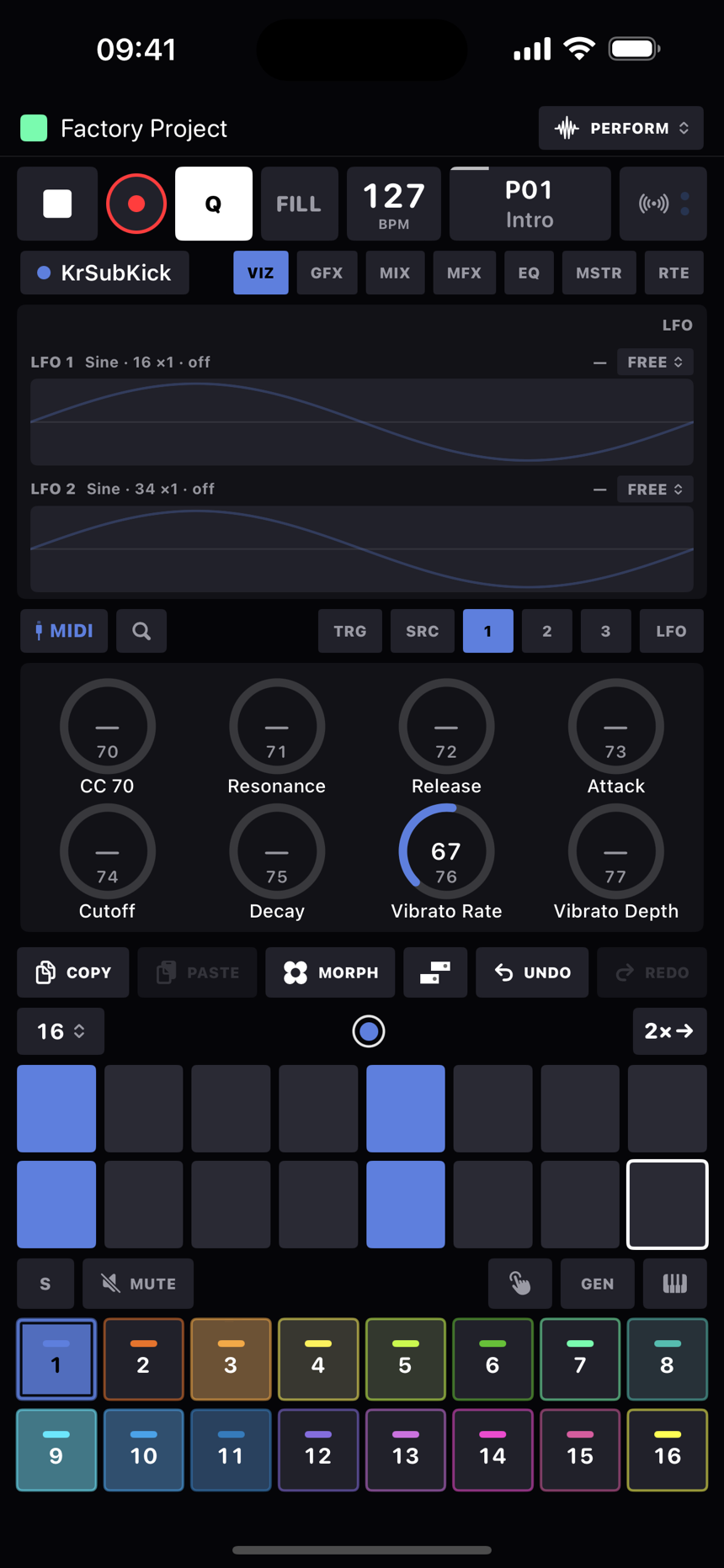 A MIDI track's first CC page: eight named knobs, each showing its CC number on the knob face