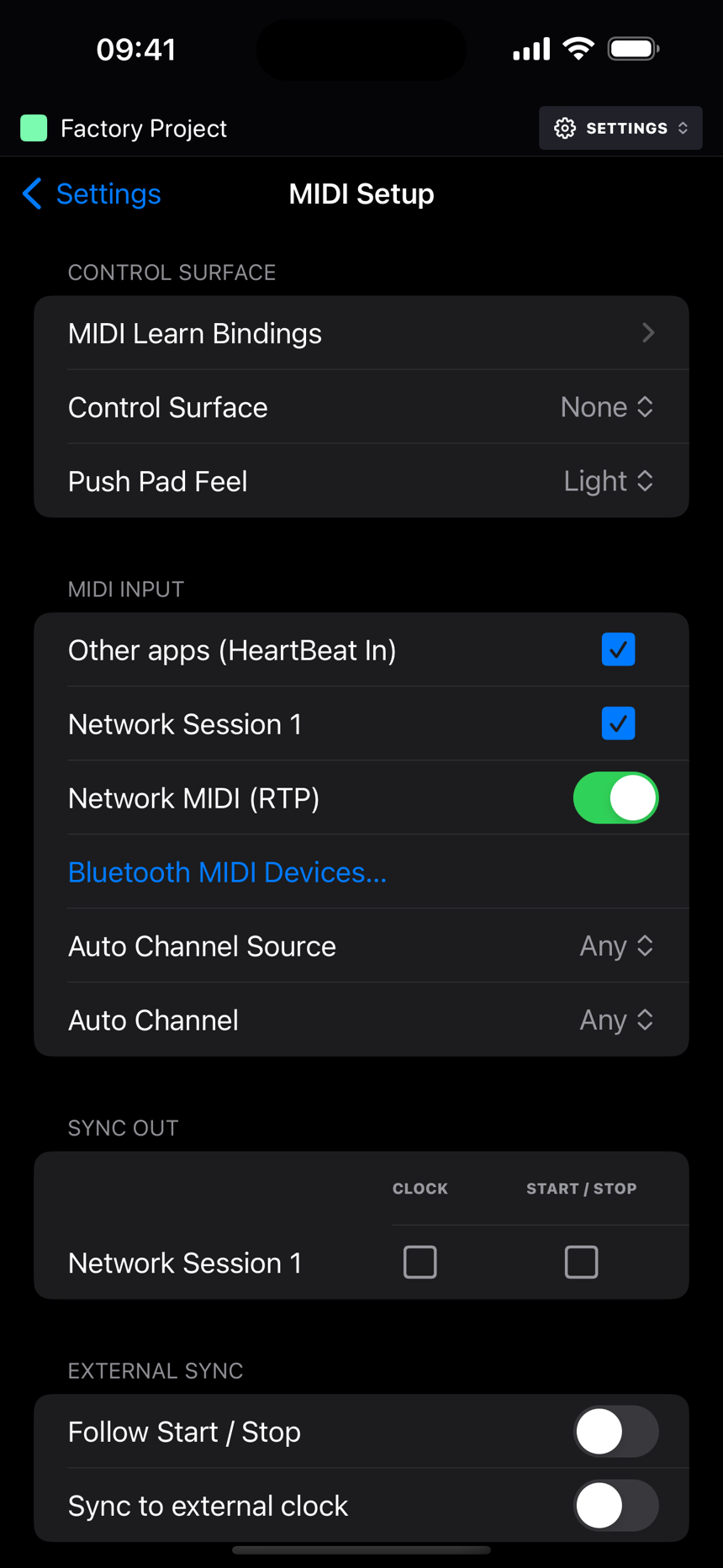 The MIDI Setup page: Control Surface, MIDI Input with its tick boxes and auto channel, Sync In, the Sync Out grid and Latency Compensation