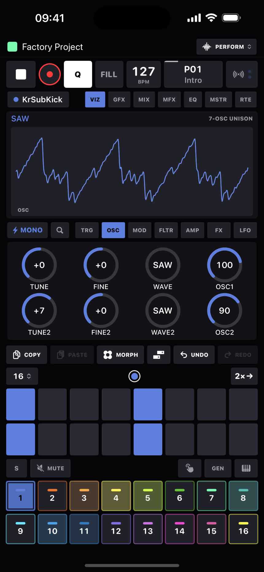 The mono synth's OSC page: two oscillators, the second a fifth up, over the unison waveform display