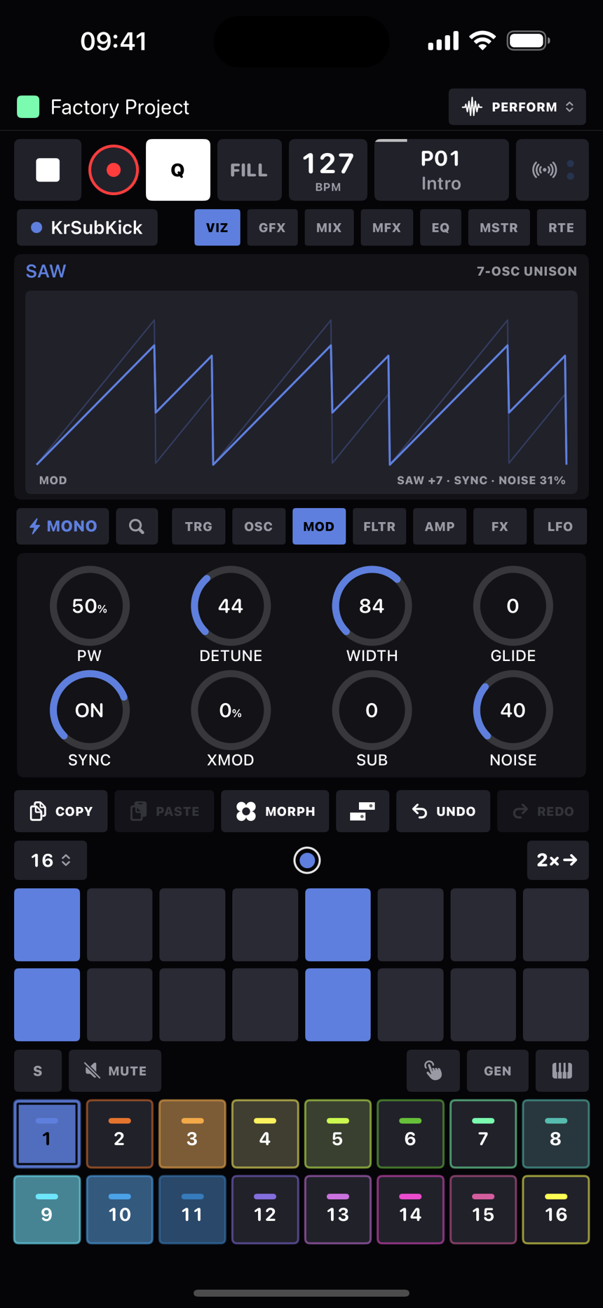 The mono synth's MOD page: pulse width, detune, width, glide, sync, cross-mod, sub and noise