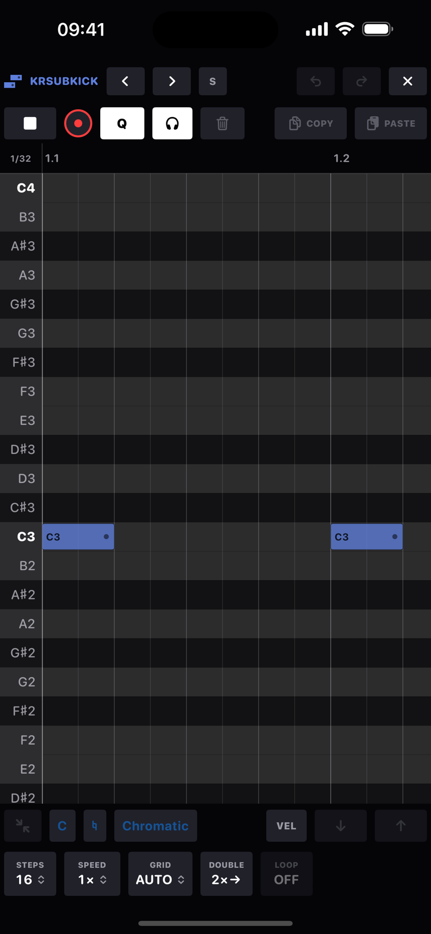 The piano roll editing a kick pattern
