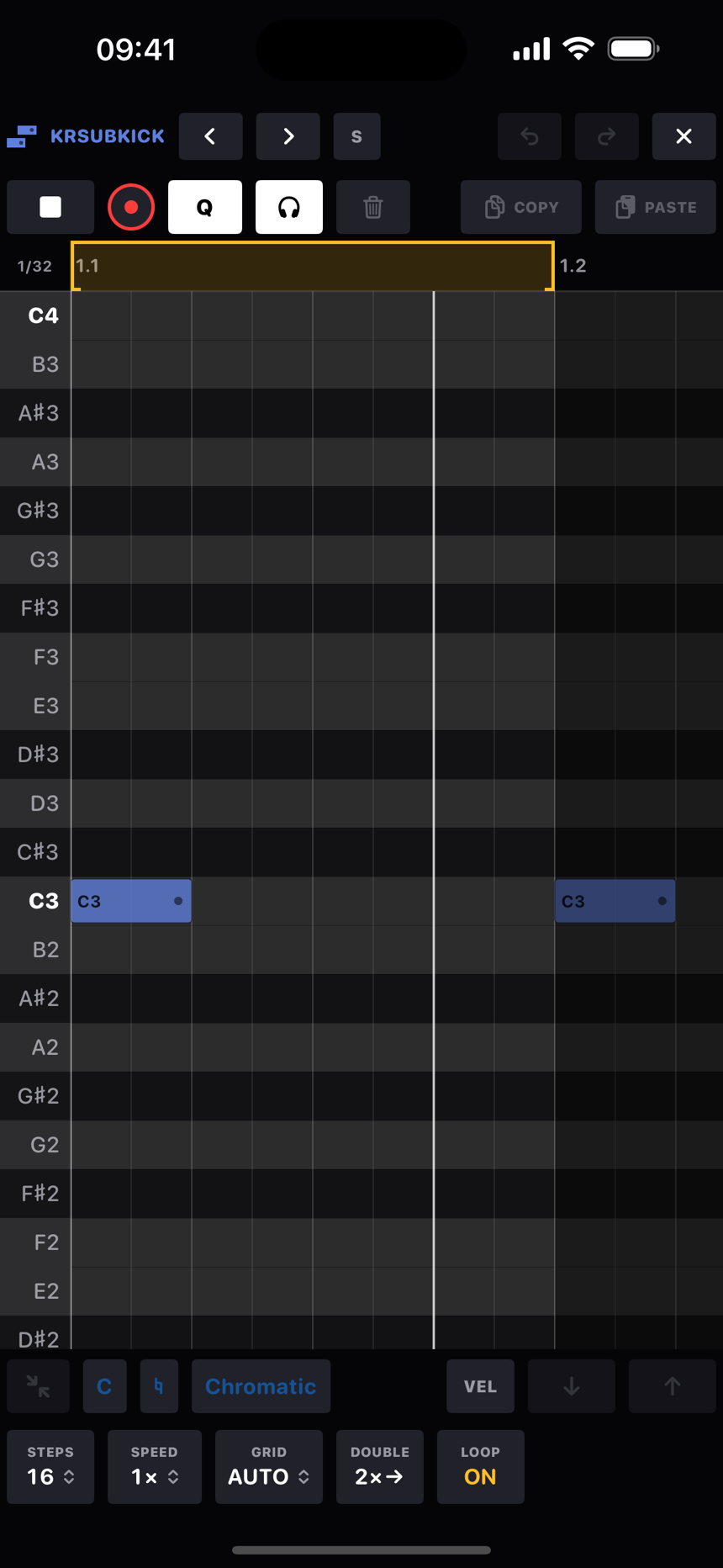 The piano roll with a cyan loop brace over the first beat, the grid dimmed beyond it, and the LOOP button lit