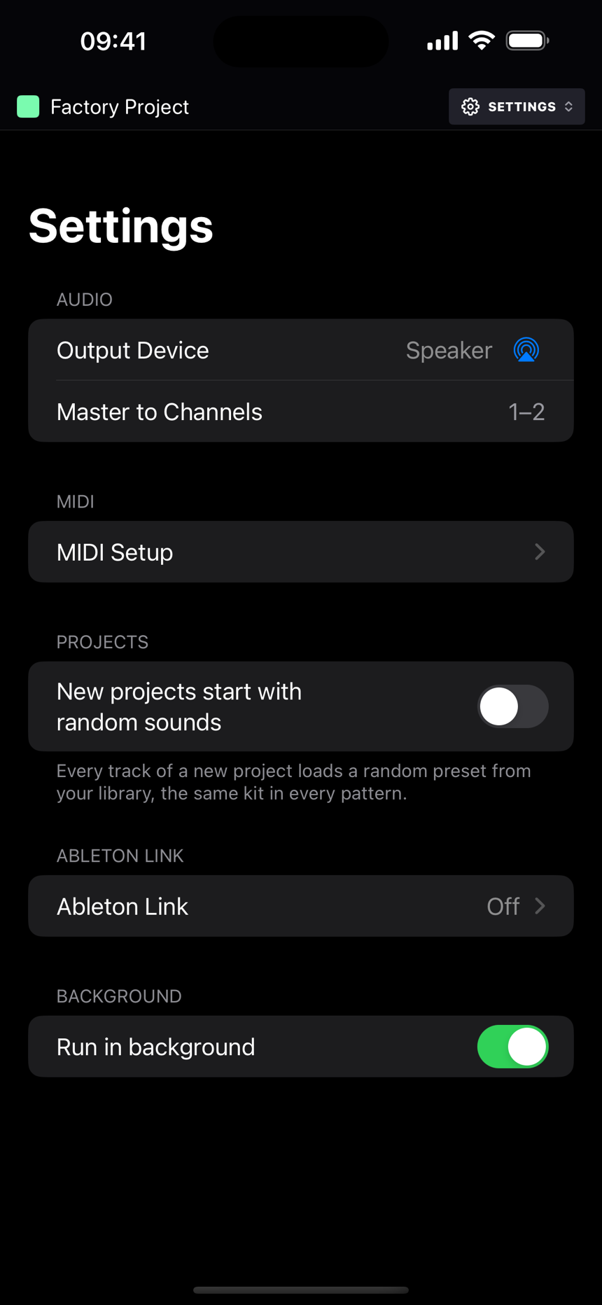 The Settings page: Audio, MIDI Setup, Projects, Ableton Link and Background