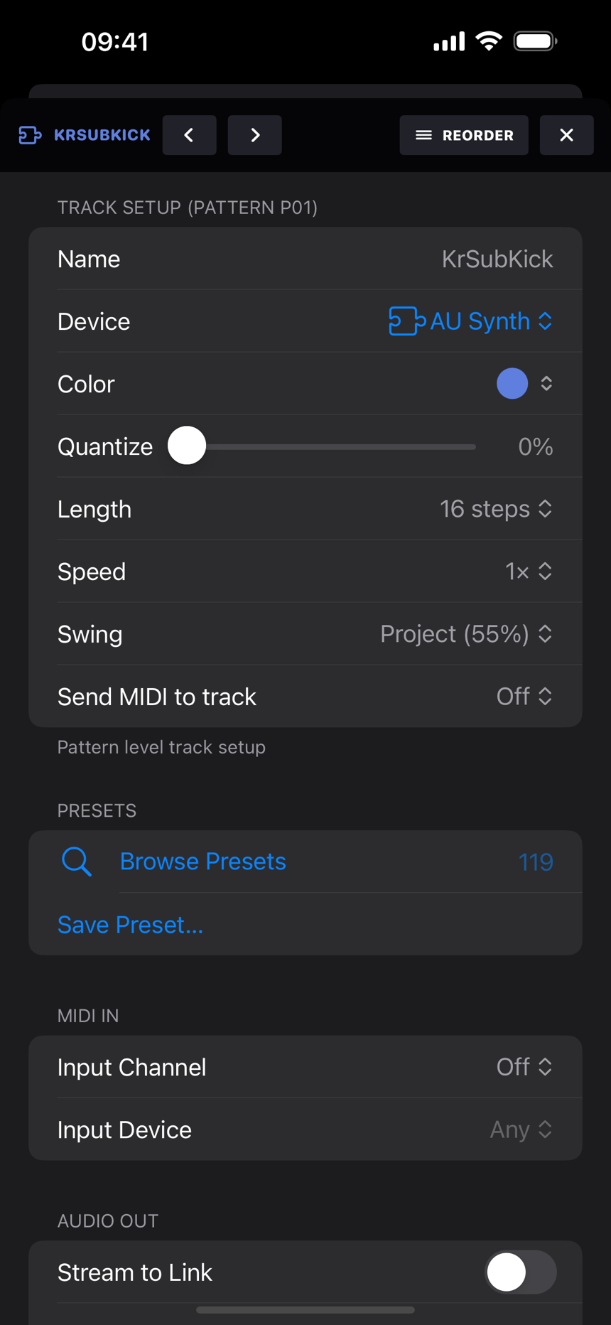 The track sheet: Track Setup for the pattern, then Presets, MIDI In and Audio Out cards, with REORDER and the close button in its header